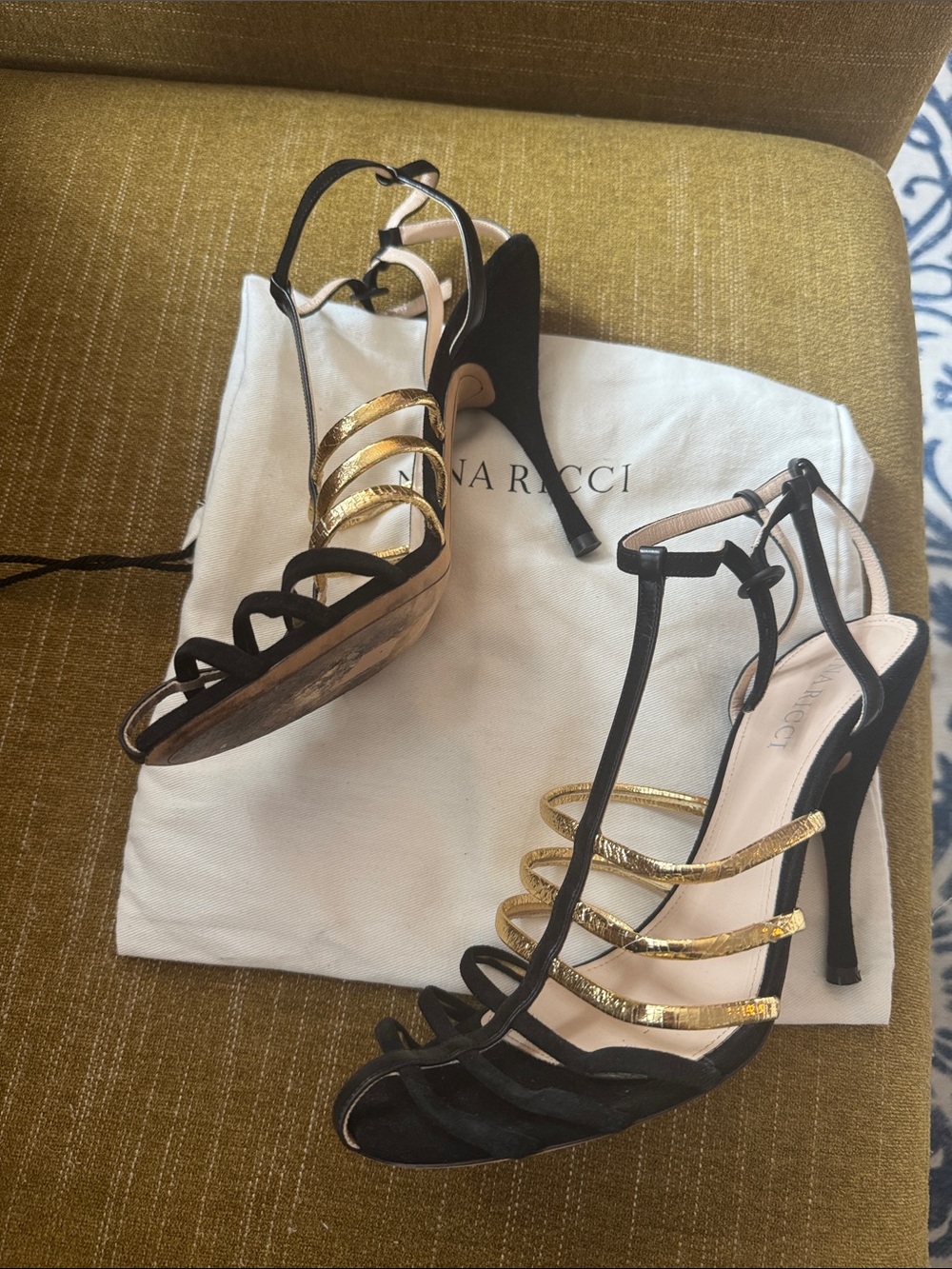 Nina Ricci Black and Gold Strappy T‑Bar Stiletto Sandals